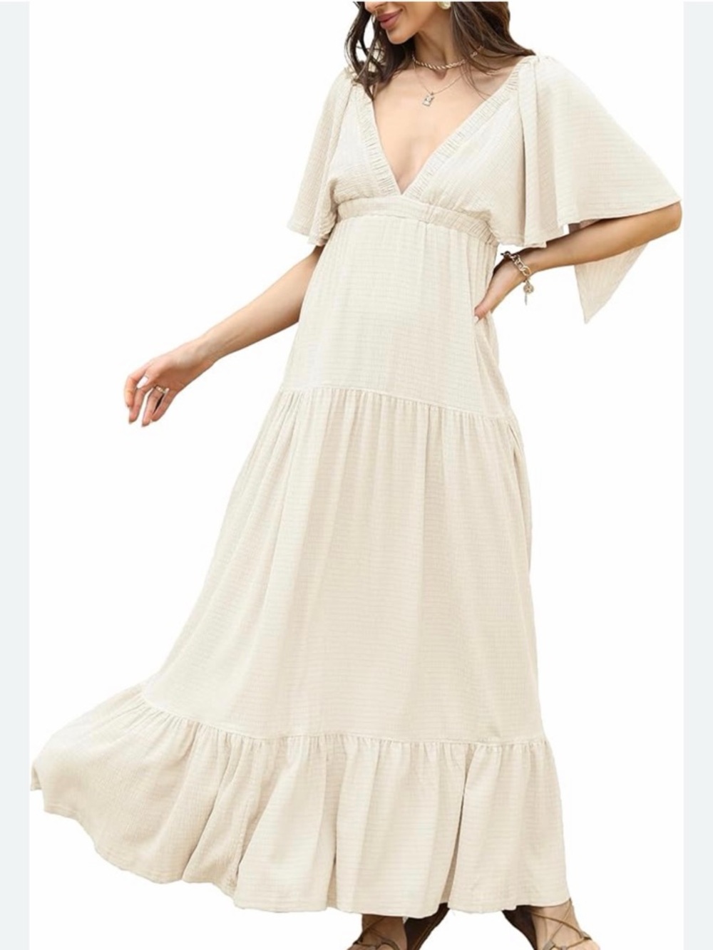 V-Neck Cream Tiered Maxi Dress with Flutter Sleeves